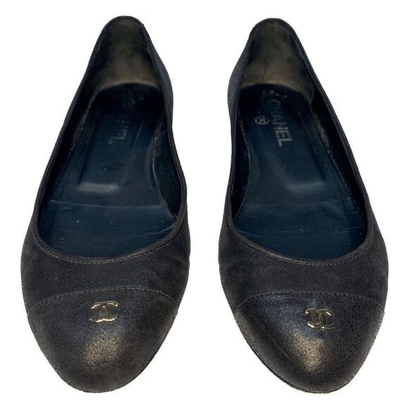 Chanel Interlocking CC Logo Black Cap Toe Ballet Flats EU 37.5 US 6.5-7 Slip on - Picture 3 of 10